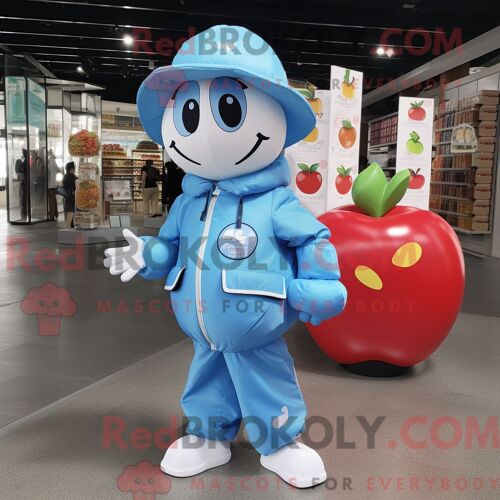 Costume De Mascotte Redbrokoly De Pomme Bleu Ciel Habillé D Un Coupe-Vent Et D Épingles À Chapeau