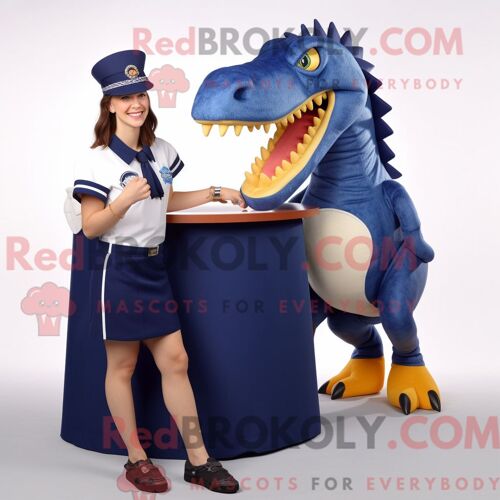 Costume De Mascotte Redbrokoly De Spinosaurus Bleu Marine Personnage Habillé Avec Une Jupe Crayon Et Des Bonnets