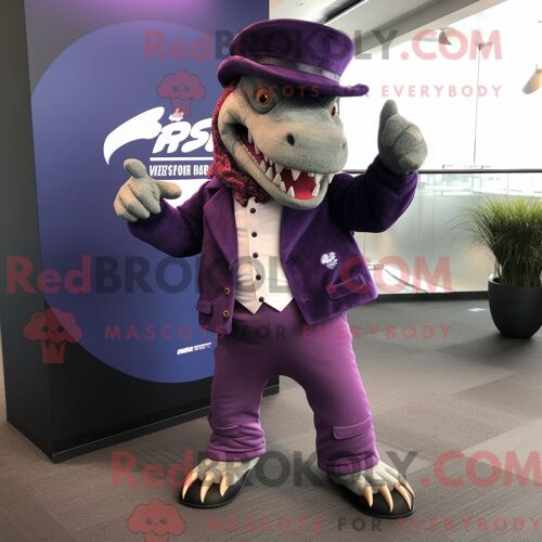 Costume Mascotte Redbrokoly De Spinosaure Violet Personnage Habillé D Un Blazer Et De Bonnets