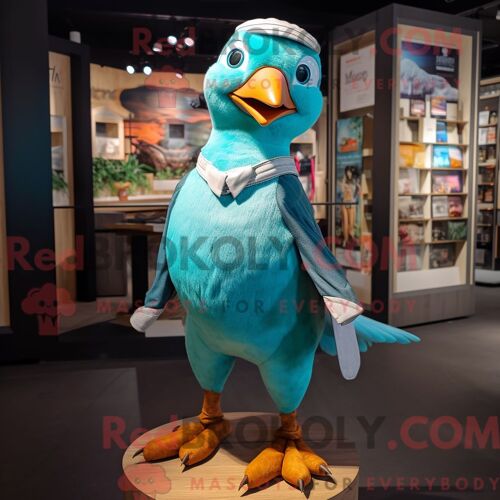Costume De Mascotte Redbrokoly De Dove Bleu Sarcelle Habillé D Un T-Shirt Henley Et De Bretelles
