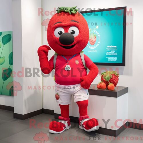 Mascotte Redbrokoly De Personnage De Framboise Rouge Habillé D Un Bermuda Et De Montres-Bracelets