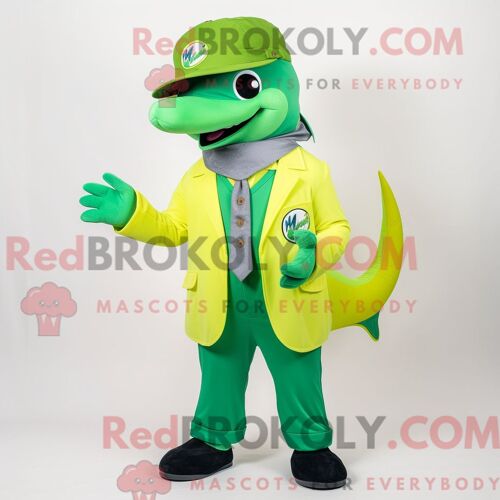Costume Mascotte Redbrokoly De Dauphin Vert Citron Personnage Habillé D Un Blazer Et De Bérets