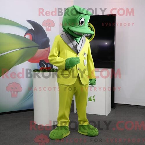 Costume Mascotte Redbrokoly De Dauphin Vert Citron Personnage Habillé D Un Blazer Et De Bérets