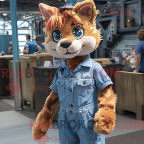 Costume De Mascotte Redbrokoly De Lynx Rouille Habillé D Une Chemise En Jean Et De Pinces À Cheveux