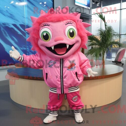 Costume Mascotte Redbrokoly De Piranha Rose Personnage Habillé Avec Un Coupe-Vent Et Des Pinces À Cheveux
