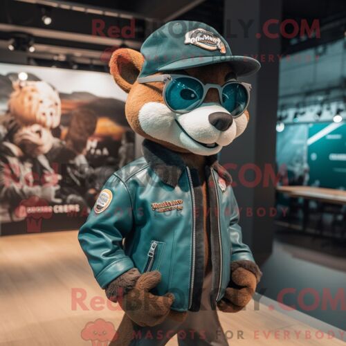 Costume De Mascotte Redbrokoly De Martre Turquoise Habillé D Une Veste De Motard Et De Casquettes