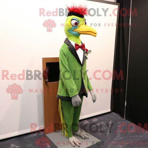 Costume De Mascotte Redbrokoly De Pic Vert Habillé D Une Veste De Costume Et De Pinces À Cheveux