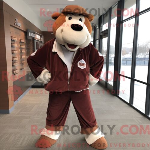 Costume De Mascotte Redbrokoly De Vache Hereford Rouillé Habillé D Un Pantalon En Velours Côtelé Et De Pinces À Chaussures