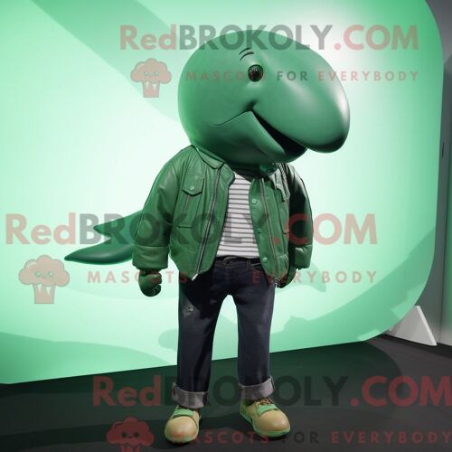 Costume Mascotte Redbrokoly De Baleine Verte Personnage Habillé D Une Veste En Cuir Et De Boutons De Manchette