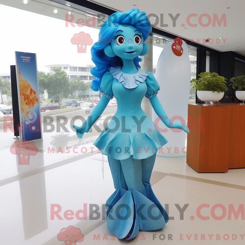 Costume De Mascotte Redbrokoly De Sirène Bleu Ciel Habillé D Une Jupe Trapèze Et D Épinglettes