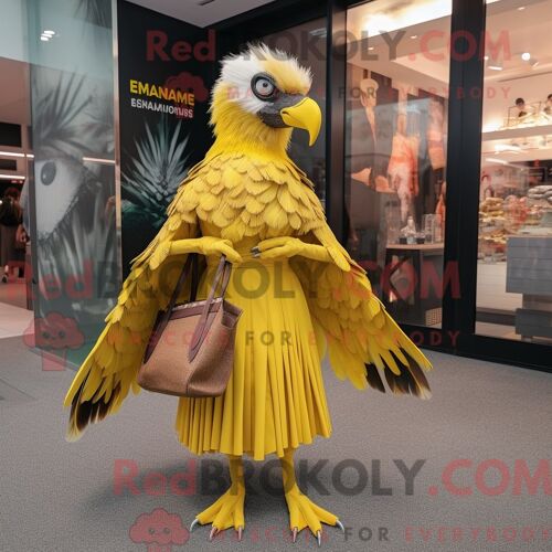 Costume De Mascotte Redbrokoly D Aigle De Haast Jaune Citron Personnage Habillé Avec Une Jupe Plissée Et Des Pochettes