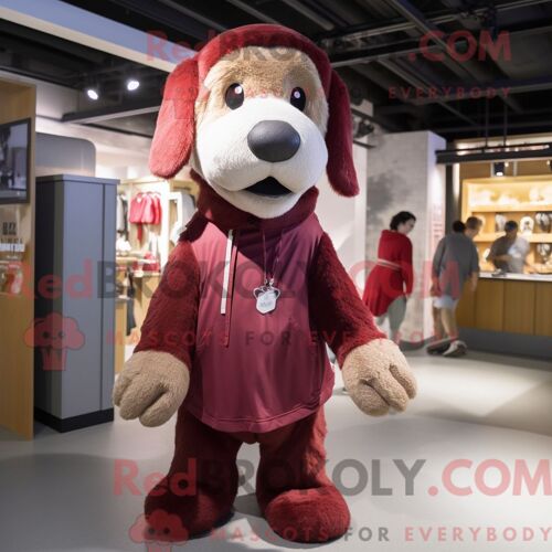 Costume De Mascotte Redbrokoly De Chien Marron Habillé Avec Une Salopette Et Des Épingles À Châle