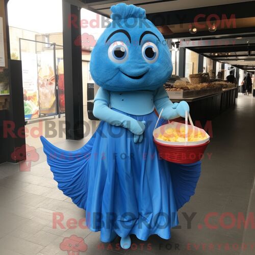 Personnage De Costume De Mascotte Redbrokoly Blue Fish And Chips Habillé Avec Une Robe De Soirée Et Des Sacs Fourre-Tout