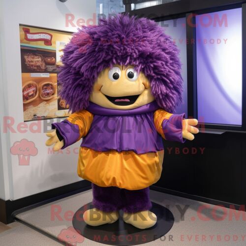 Costume Mascotte Redbrokoly De Hamburger Violet Personnage Habillé D Un Manteau Et De Pinces À Cheveux