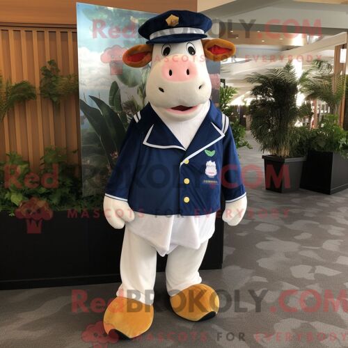 Costume De Mascotte Redbrokoly De Vache De Guernesey De La Marine Habillé D Un T-Shirt Henley Et De Coussinets De Pieds