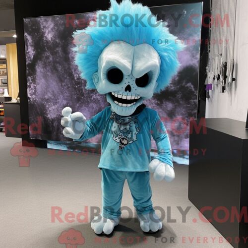 Costume De Mascotte Redbrokoly De Crâne Bleu Ciel Habillé Avec Un T-Shirt À Col En V Et Des Pinces À Cheveux