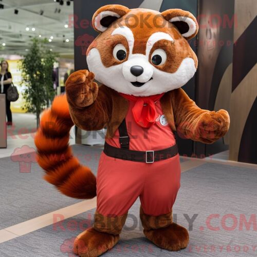 Costume De Mascotte Redbrokoly De Panda Rouge Olive Habillé D Une Combinaison Et De Ceintures