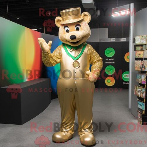 Costume De Mascotte Redbrokoly Tan Pot Of Gold Habillé Avec Une Combinaison Et Des Bretelles