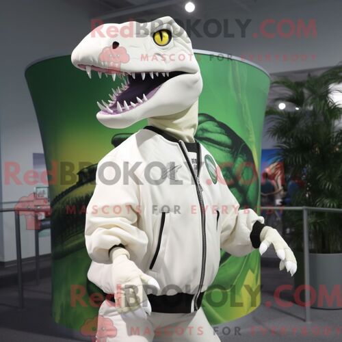 Costume Mascotte Redbrokoly D Allosaure Blanc Personnage Habillé D Un Coupe-Vent Et De Porte-Clés