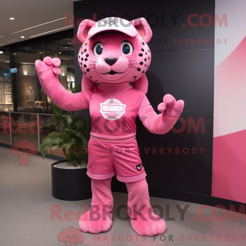 Mascotte Redbrokoly De Jaguar Rose Costume De Personnage Habillé Avec Une Mini Robe Et Des Casquettes