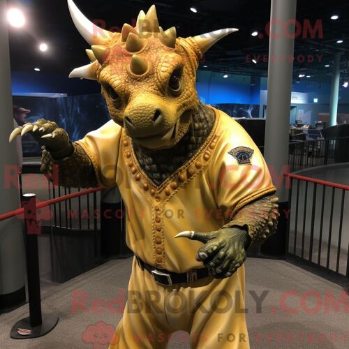 Costume De Mascotte Redbrokoly De Triceratops Doré Personnage Habillé D Un T-Shirt De Baseball Et D Épingles À Châle