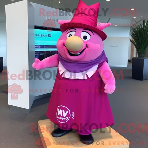 Personnage De Costume De Mascotte Redbrokoly Magenta Sow Habillé Avec Une Jupe Portefeuille Et Des Épingles À Chapeau