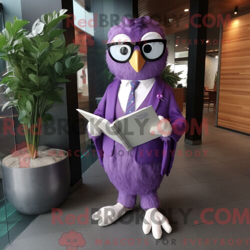 Costume De Mascotte Redbrokoly De Hibou Violet Habillé D Un Pantalon De Costume Et De Lunettes De Lecture