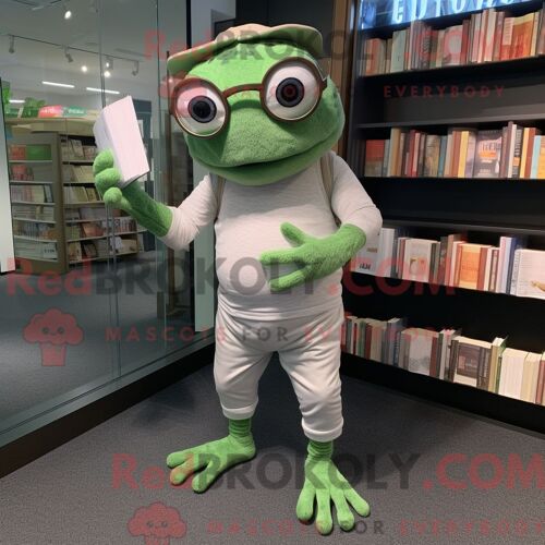 Costume Mascotte Redbrokoly De Grenouille Argentée Personnage Habillé D Un Pantalon De Jogging Et De Lunettes De Lecture