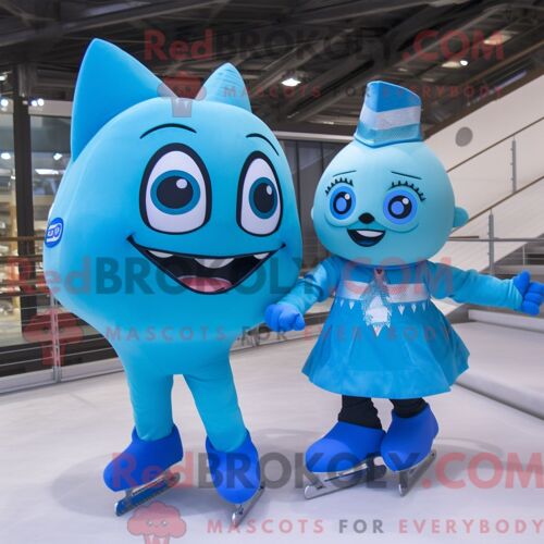 Costume De Mascotte Redbrokoly De Paire De Patins À Glace Cyan Habillé Avec Un Maillot De Bain Une Pièce Et Des Cravates