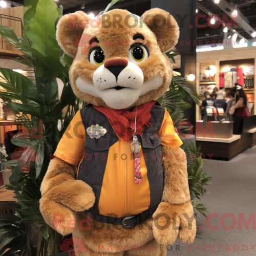 Costume Mascotte Redbrokoly De Diplodocus Marron Personnage Habillé Avec Un Jean Et Des Sacs À Main