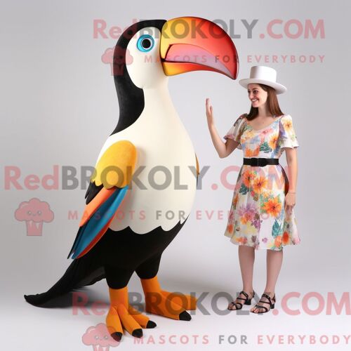 Costume Mascotte Redbrokoly De Toucan Crème Personnage Habillé D Une Robe Midi Et De Coussinets De Pieds