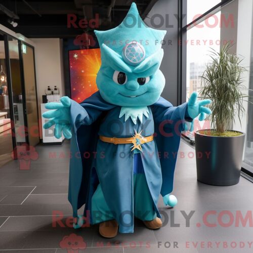 Costume Mascotte Redbrokoly De Magicien Bleu Sarcelle Habillé D Un Jean Évasé Et De Boucles D Oreilles