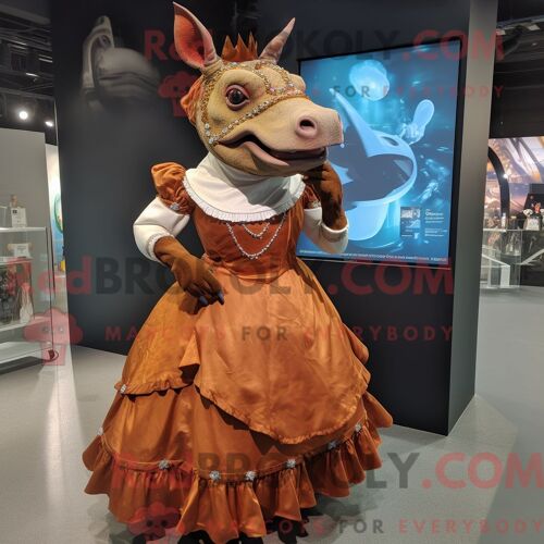 Costume De Mascotte Redbrokoly De Rhinocéros Rouille Personnage Habillé D Une Robe De Bal Et De Casquettes