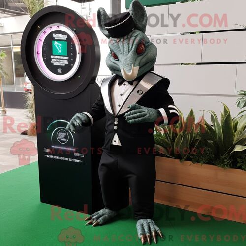 Costume De Mascotte Redbrokoly De Dragon De Komodo Rouge Personnage Habillé D Une Veste En Cuir Et De Boutons De Manchette