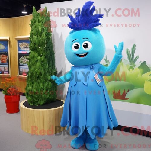 Costume De Mascotte Redbrokoly De Céleri Bleu Habillé D Une Robe Trapèze Et De Pinces À Cheveux