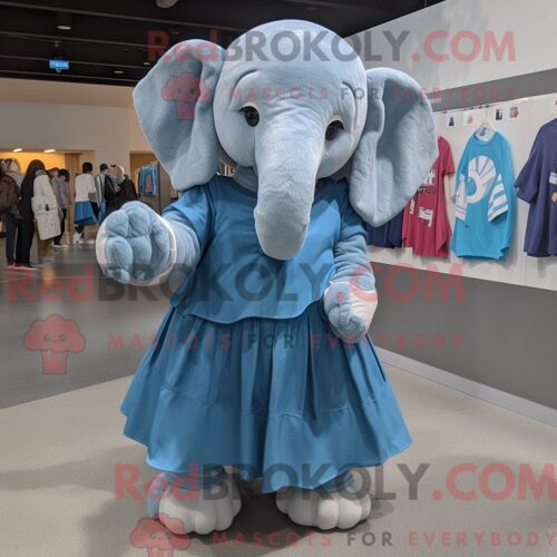 Costume Mascotte Redbrokoly D Éléphant Bleu Habillé D Une Jupe Plissée Et De Mitaines