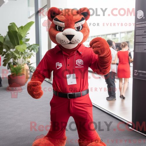 Costume Mascotte Redbrokoly De Puma Rouge Personnage Habillé Avec Un Pantalon De Costume Et Des Bretelles