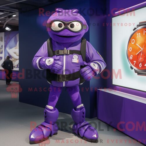 Costume De Mascotte Redbrokoly De Crabe Violet Habillé D Un Blouson Aviateur Et De Montres Intelligentes