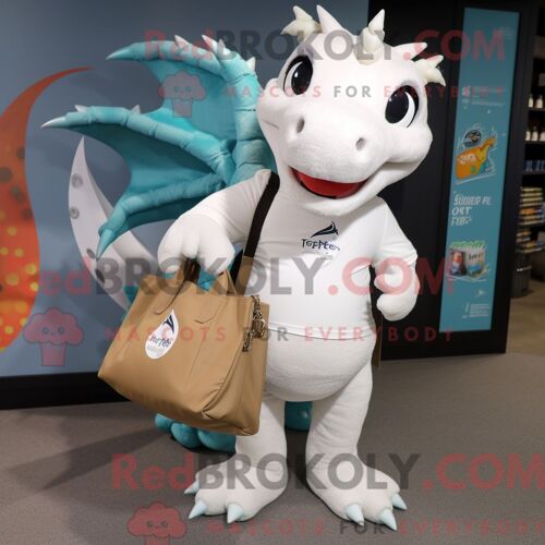 Costume Mascotte Redbrokoly De Dragon Blanc Habillé D Un T-Shirt Et De Tote Bag