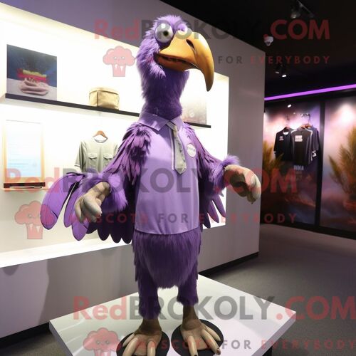 Costume De Mascotte Redbrokoly De Vautour Violet Habillé D Un T-Shirt À Manches Longues Et De Boucles D Oreilles