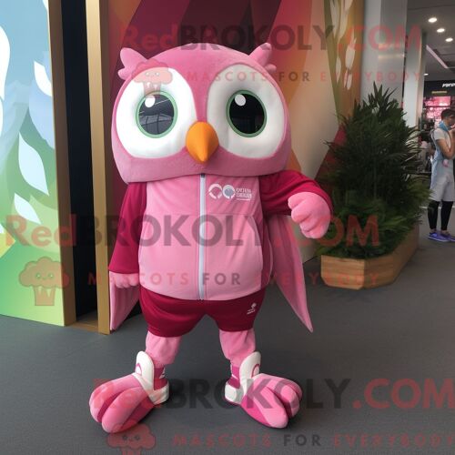 Costume De Mascotte Redbrokoly De Hibou Rose Habillé D Un Coupe-Vent Et De Bracelets De Cheville