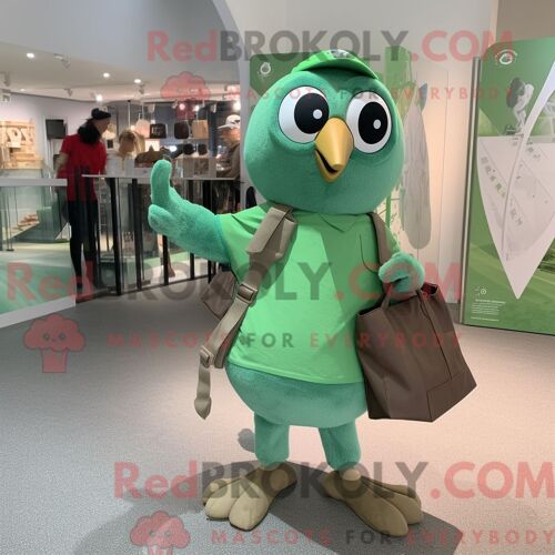 Personnage De Costume De Mascotte Redbrokoly De Hibou Vert Habillé D Une Chemise Henley Et De Sacs Fourre-Tout