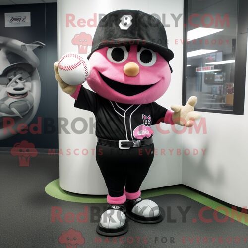 Personnage De Costume De Mascotte Redbrokoly Rose Noir Habillé Avec Un T-Shirt De Baseball Et Des Anneaux