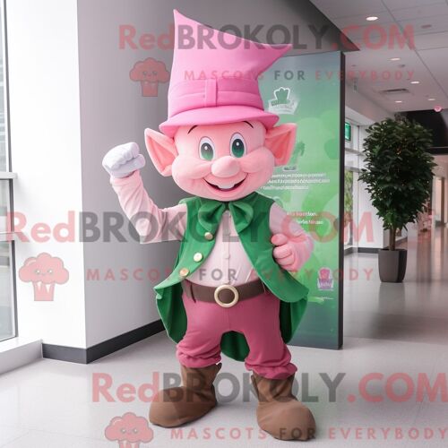 Costume De Mascotte Redbrokoly De Chapeau De Lutin Rose Habillé D Une Chemise En Popeline Et D Écharpes