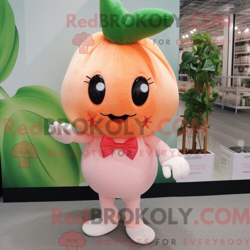 Personnage De Costume De Mascotte Redbrokoly De Radis Pêche Habillé Avec Une Combishort Et Des Noeuds Papillons