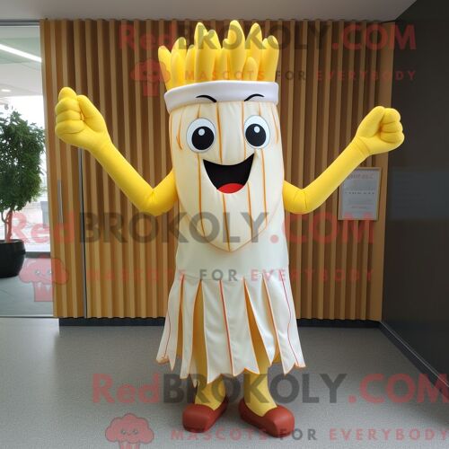 Costume De Mascotte Redbrokoly De Frites Crème Personnage Habillé Avec Une Robe Midi Et Des Clips Pour Écharpe