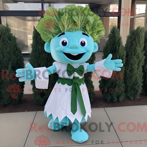 Costume De Mascotte Redbrokoly De Salade César Turquoise Personnage Habillé D Une Robe De Mariée Et De Noeuds Papillons