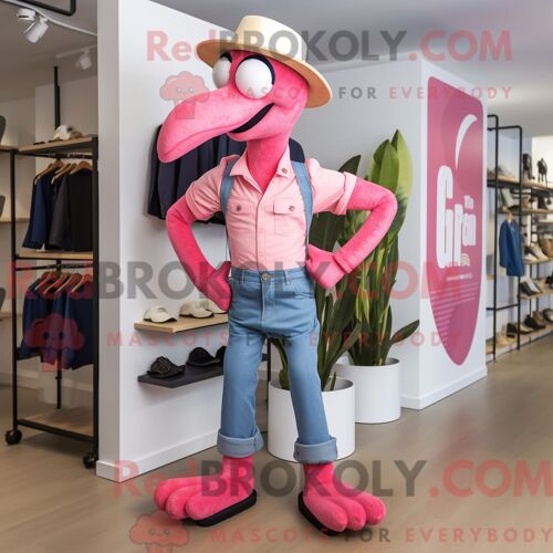 Costume De Mascotte Redbrokoly De Flamant Rose Habillé D Un Jean Bootcut Et De Sacs Messager