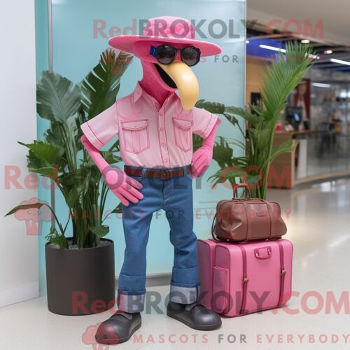 Costume De Mascotte Redbrokoly De Flamant Rose Habillé D Un Jean Bootcut Et De Sacs Messager