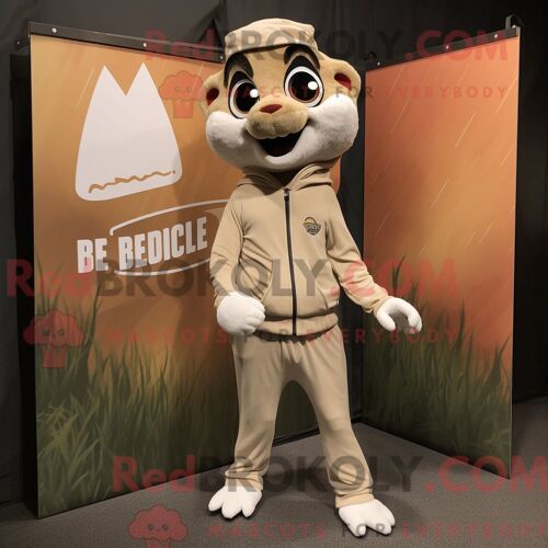 Costume Mascotte Redbrokoly De Gazelle Beige Habillé Avec Un Sweat À Capuche Et Des Bretelles